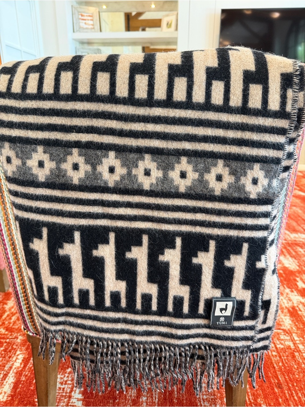 Tumi Black and Cream Geometric Llama Throw with Fringe